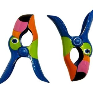 4 Set (8 Ct) 2X Blue Toucan / 2X Bubble Fish Beach Towel Clips Jumbo Size for Beach Chair, Cruise Beach Patio, Pool Accessories for Chairs, Household Clip, Baby Stroller