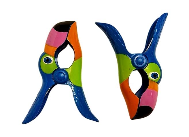 4 Set (8 Ct) 2X Blue Toucan / 2X Bubble Fish Beach Towel Clips Jumbo Size for Beach Chair, Cruise Beach Patio, Pool Accessories for Chairs, Household Clip, Baby Stroller