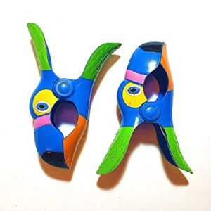 4 Set (8 Ct) 2X Blue Toucan / 2X Bubble Fish Beach Towel Clips Jumbo Size for Beach Chair, Cruise Beach Patio, Pool Accessories for Chairs, Household Clip, Baby Stroller