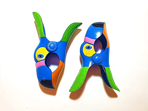 4 Set (8 Ct) 2X Blue Toucan / 2X Bubble Fish Beach Towel Clips Jumbo Size for Beach Chair, Cruise Beach Patio, Pool Accessories for Chairs, Household Clip, Baby Stroller