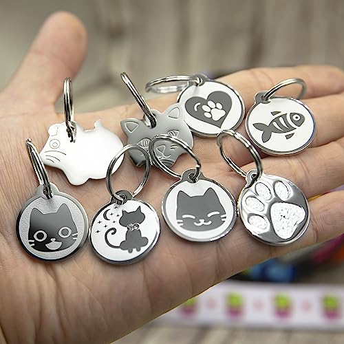 Stainless Steel Cat ID Tags - Engraved Personalized Cat Tags Includes up to 4 Lines of Text with Cat Shape