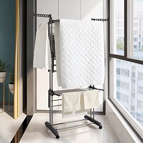 HOFLERA Airer Clothes Drying Rack - 4 Tiers Foldable Clothes Hanger with Adjustable Height and Large Stainless Steel Garment Laundry Racks for Indoor and Outdoor Use