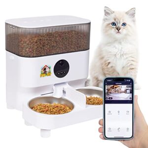 automatic cat food dispenser - with 1080p wide angle smart camera and wifi - automated pet feeder - auto timed function with portion control - dual dishes for multiple cats