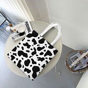 Cow Print Canvas Tote Bag For Women, Reusable Open Book Shopping Bags Aesthetic Tote Handbag Grocery Bags For Women Teacher Mother As Gifts