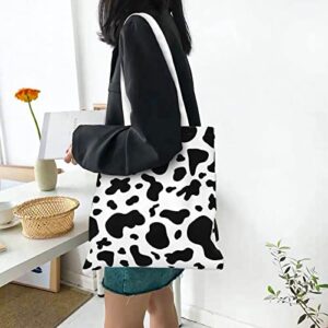 Cow Print Canvas Tote Bag For Women, Reusable Open Book Shopping Bags Aesthetic Tote Handbag Grocery Bags For Women Teacher Mother As Gifts