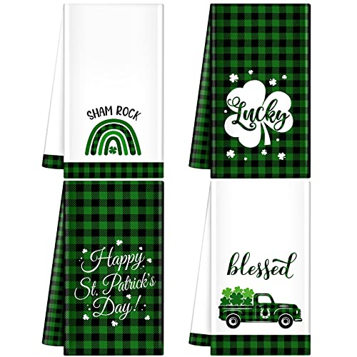 Kajaia 4 Pieces St. Patrick's Day Kitchen Dish Towels Green Black Buffalo Plaids Lucky Shamrock Truck Cloth Tea Towel 16 x 24 Irish Seasonal Decorative Dishcloth Hand Towel for Cooking Baking