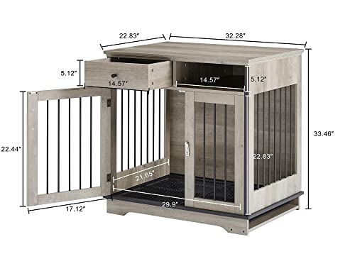 OGAOL Dog Crate Furniture, Wood Furniture Style Dog Crate End Table with Drawer, Medium Dog Kennel with Removable Tray, Rustic Deco Dog House Cage for Dogs up to 60 lb, Chew-Proof (Grey-with Tray)