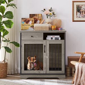 OGAOL Dog Crate Furniture, Wood Furniture Style Dog Crate End Table with Drawer, Medium Dog Kennel with Removable Tray, Rustic Deco Dog House Cage for Dogs up to 60 lb, Chew-Proof (Grey-with Tray)