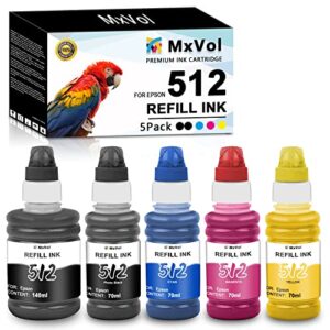 MxVol Compatible Refill Ink Bottle Replacement for Epson 512 T512 Ink Bottles for Expression Premium ET-7700 ET-7750 EcoTank Printers (5-Pack, BK/PBK/C/M/Y)