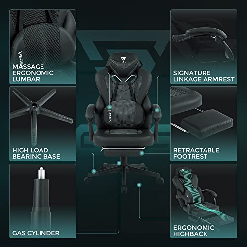 Vigosit Gaming Chair with Footrest, Mesh Gaming Chair for Heavy People, Ergonomic Reclining Gamer Computer / PC Chair with Massage for Adult, Big and Tall Office (Dark Grey)