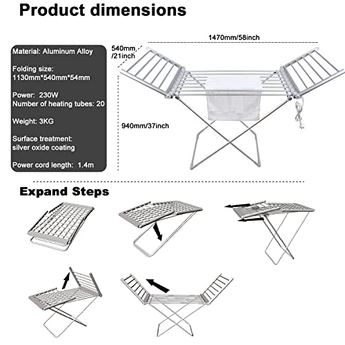 PHASFBJ Foldable 45-55℃ Constant Temperature Electric Heated Drier Clothes Airer Hanger Shoes Drying Rack with Waterproof Power Switch for Laundry Room School