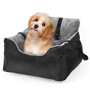 dog car seat pet booster car seat for small dogs with double-sided cushion, adjustable clip-on safety leash, sturdy snap hook, two storage pockets, detachable washable comfy ultra soft car travel bed