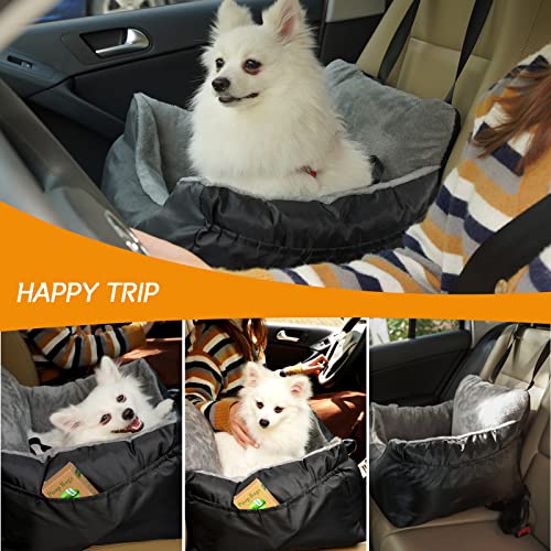 Dog Car Seat Pet Booster Car Seat for Small Dogs with Double-Sided Cushion, Adjustable Clip-On Safety Leash, Sturdy Snap Hook, Two Storage Pockets, Detachable Washable Comfy Ultra Soft Car Travel Bed