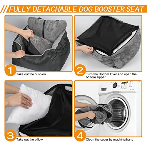 Dog Car Seat Pet Booster Car Seat for Small Dogs with Double-Sided Cushion, Adjustable Clip-On Safety Leash, Sturdy Snap Hook, Two Storage Pockets, Detachable Washable Comfy Ultra Soft Car Travel Bed