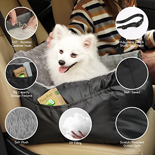 Dog Car Seat Pet Booster Car Seat for Small Dogs with Double-Sided Cushion, Adjustable Clip-On Safety Leash, Sturdy Snap Hook, Two Storage Pockets, Detachable Washable Comfy Ultra Soft Car Travel Bed