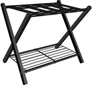 mocomax 1 pack folding luggage rack for guest room, foldable suitcase stand holder with metal storage shelf for bedroom, living room, hotel essentials, heavy duty steel frame, black