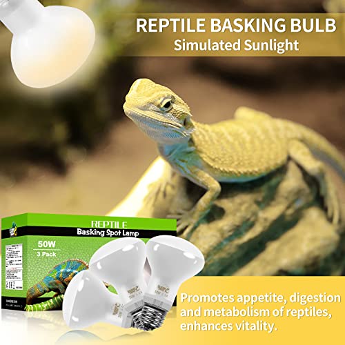 LUCKY HERP New Upgrade 3 Pack 50W Reptile Heat Lamp Bulb (3nd Gen, Safer), Amphibian UVA Heat Light Bulb, Reptile Basking Daylight Spot Lamp Bulb for Bearded Dragon, Lizard, Tortoise Heating Use