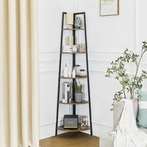 pshelfy 5-tier corner shelf, rustic corner bookshelf bookcase multipurpose corner ladder shelf plant stand for living room, kitchen, home office small space (brown)