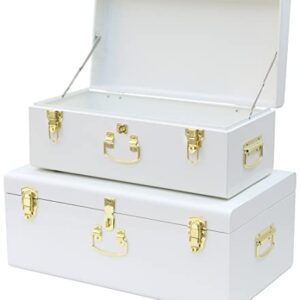 Vixdonos Decorative Metal Box Storage Trunks Set of 2 College Dorm Chest with Lock Hole,23.7X14.2X9.5 Inches(White)