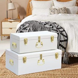 Vixdonos Decorative Metal Box Storage Trunks Set of 2 College Dorm Chest with Lock Hole,23.7X14.2X9.5 Inches(White)