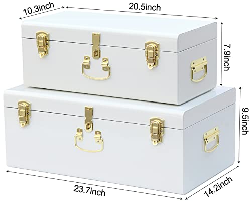 Vixdonos Decorative Metal Box Storage Trunks Set of 2 College Dorm Chest with Lock Hole,23.7X14.2X9.5 Inches(White)