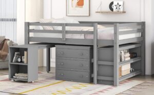 full size loft bed frame with rolling portable desk and cabinet, wooden low study bedroom loft bed with 3 storage drawers, bookshelf, ladder and safety guardrails, not included mattress, gray