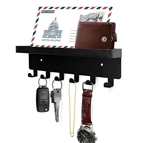 GTK Key Holder with Tray and 6 Hooks for Hallway, Key Rack with Shelf for Mail Storage (Black)