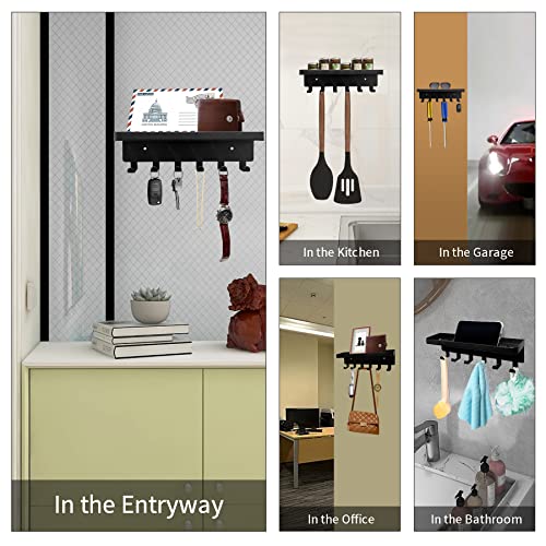 GTK Key Holder with Tray and 6 Hooks for Hallway, Key Rack with Shelf for Mail Storage (Black)