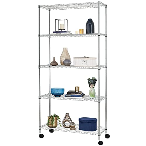 BestOffice 14Dx30Wx60H 5-Tier Wire Shelving Unit Steel Large Metal Shelf Organizer Garage Storage Heavy Duty NSF Height Adjustable Commercial Utility Storage Metal Rack on Wheels,Chrome