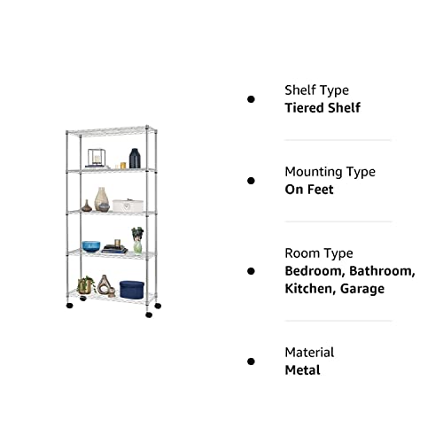 BestOffice 14Dx30Wx60H 5-Tier Wire Shelving Unit Steel Large Metal Shelf Organizer Garage Storage Heavy Duty NSF Height Adjustable Commercial Utility Storage Metal Rack on Wheels,Chrome