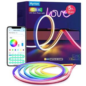 hyrion dynamic neon rope lights 16.4ft outdoor waterproof cuttable rgbic rope lights with music sync, diy design, works with bluetooth app, led strip lights for wall decor bedroom living game room