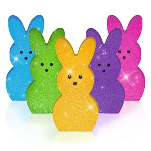 5 pieces easter bunny wood signs glitter shiny bunny shaped wooden decor colorful rabbit tiered tray decor spring table centerpieces for easter party desk shelf home farmhouse table decorations