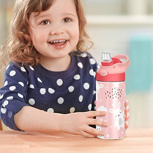 Kigai Pink Rabbit Kids Water Bottle, Insulated Stainless Steel Water Bottles with Straw Lid, 12 oz BPA-Free Leakproof Duck Mouth Thermos for Boys Girls