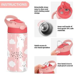 Kigai Pink Rabbit Kids Water Bottle, Insulated Stainless Steel Water Bottles with Straw Lid, 12 oz BPA-Free Leakproof Duck Mouth Thermos for Boys Girls