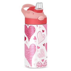 kigai romantic pink peach heart kids water bottle, insulated stainless steel water bottles with straw lid, 12 oz bpa-free leakproof duck mouth thermos for boys girls