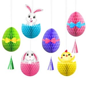 6pcs easter bunny decorations, easter hanging eggs ornaments easter decorative colorful rabbit with 3d honeycomb paper egg ball suitable for easter bunny theme decoration for birthday party