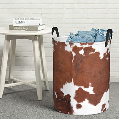 Western Cow Print Laundry Hamper - Brown Cowhide Basket with Handles Animal Skin Pattern Washing Bucket Foldable Dirty Clothes Toys Storage Bag Organizer for Girls Women Bedroom Bathroom Dorm