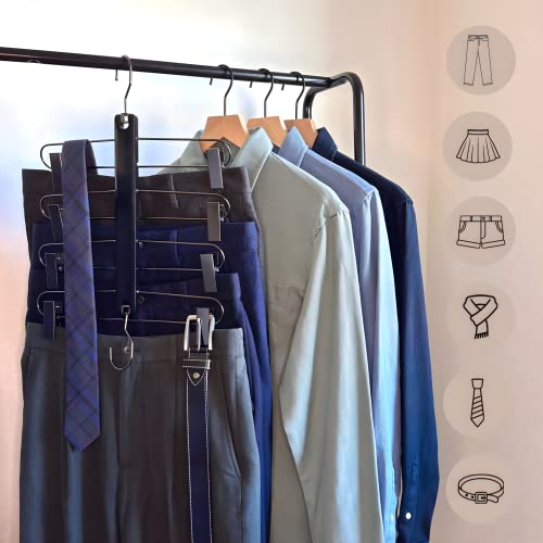 May Finery Pants Hangers Space Saving 2 Pack- Metal Skirt & Pant Hangers with Clips - Jean Hangers for Closet Clothes Hanger Organizer, Multi Slack Trouser Pants Rack Closet Hangers Space Saver, Black