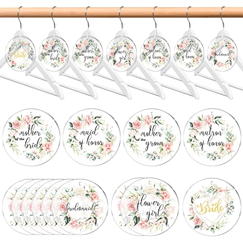 13 Pack Bridesmaid Hanger Tags Acrylic Hangers Tag Gifts for Wedding Dress Hanger Tags with White Ribbons Party Bride Hanger Tag Maid of Honors Wedding Tags for Bachelor Bridal (Pink Floral)