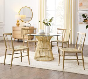 melpomene 5 pieces rattan wicker dining table set with 44" round table glass top and four chairs,for kitchen, living room and dining room