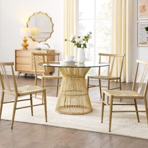 Melpomene 5 Pieces Rattan Wicker Dining Table Set with 44" Round Table Glass Top and Four Chairs,for Kitchen, Living Room and Dining Room