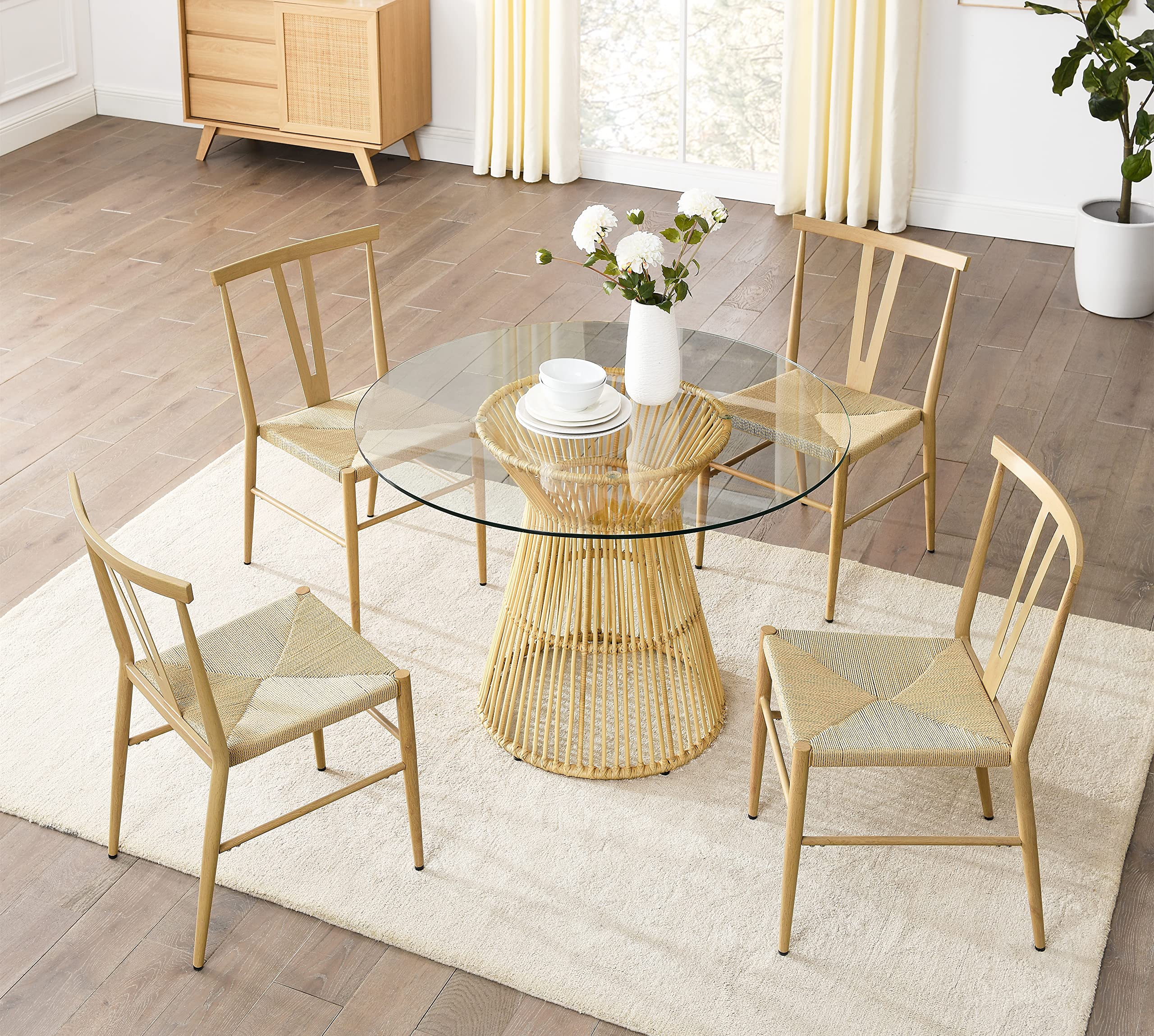 Melpomene 5 Pieces Rattan Wicker Dining Table Set with 44" Round Table Glass Top and Four Chairs,for Kitchen, Living Room and Dining Room