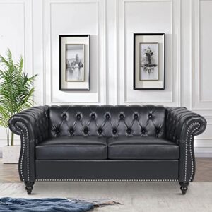 fokwe chesterfield loveseat leather, modern upholstered tufted couch 2 seater with rolled arms and nailhead for living room, bedroom (black)