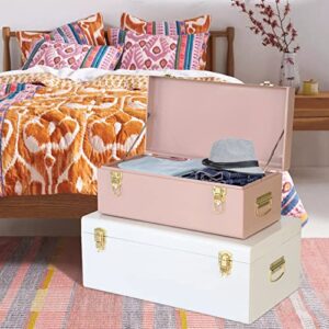 Vixdonos Metal Trunks College Dorm Steel Chests Decorative Storage Box Set of 2 Clothes Organizer for Home Decor,23.7X14.2X9.5 Inches(Pink and White)