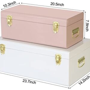 Vixdonos Metal Trunks College Dorm Steel Chests Decorative Storage Box Set of 2 Clothes Organizer for Home Decor,23.7X14.2X9.5 Inches(Pink and White)