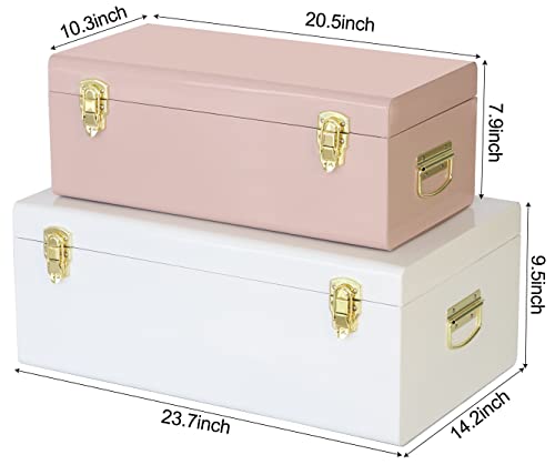 Vixdonos Metal Trunks College Dorm Steel Chests Decorative Storage Box Set of 2 Clothes Organizer for Home Decor,23.7X14.2X9.5 Inches(Pink and White)