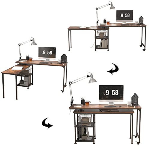 sogesfurniture L Shaped Computer Desk, 360°Rotatable L-Shaped Corner Desk with Storage Shelves, 55.1” Modern Writing Desk 2 Universal Casters for Home Office, Living Room, Retro