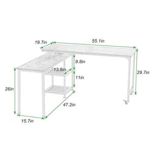 sogesfurniture L Shaped Computer Desk, 360°Rotatable L-Shaped Corner Desk with Storage Shelves, 55.1” Modern Writing Desk 2 Universal Casters for Home Office, Living Room, Retro