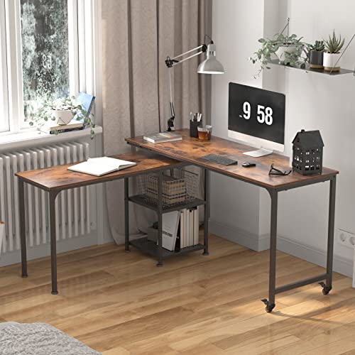 sogesfurniture L Shaped Computer Desk, 360°Rotatable L-Shaped Corner Desk with Storage Shelves, 55.1” Modern Writing Desk 2 Universal Casters for Home Office, Living Room, Retro