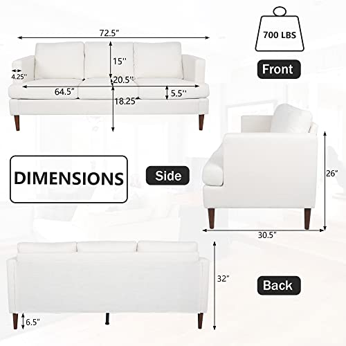 LEVNARY White Tufted Couch, 72-inch Large Sofa, Comfy 3 Seater Sofa with Thick Cushion and Wood Legs, Mid-Century Modern Upholstered Couches for Compact Space Living Room Bedroom (White)